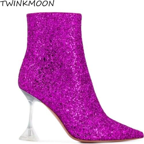 Glitter Ankle Boots Cup Clear Heel Womens Boots Point Toe Bling Design High Heels Shoes Autumn Spring New Fashion 2020