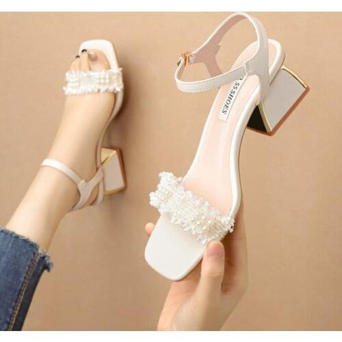 Women sandals PU Buckle Strap 5CM Square heel High heels Square Toe Rhinestones Bling Shallow sandal women shoes 2020 size 35-42