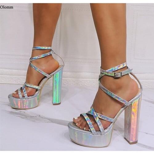 Olomm Customization Women Platform Slingback Sandals Stable Block Heels Open Toe Silver Evening Shoes Women US Plus Size 5-20