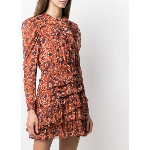 Free Shipping 2021 Autumn Dress Ruffles Long Sleeve Women Elegant Casual Daily Floral Chiffon Dresses A-Line Korean Style