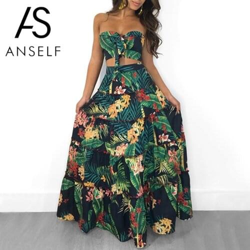 Anself Summer Women 2 Piece Set Crop Tube Top Skirt Floral Print Bandeau Strapless Sleeveless Ruffle Tied High Waist Casual Suit