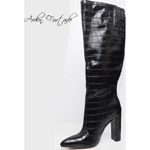 Arden Furtado 2021 Fashion Winter Pointed Toe black Slip on Slip on Chunky Heels Knee High Boots