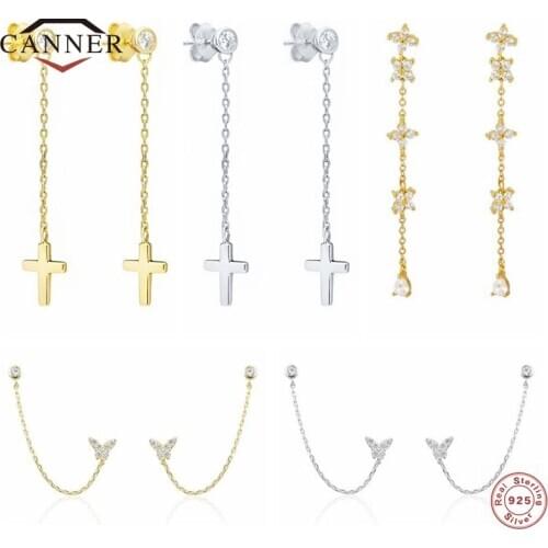 CANNER 2021 New 925 Sterling Silver CZ Zircon Cross Stud Earrings For Women Piercing Chain Earring Ear Buckle Jewelry Pendientes