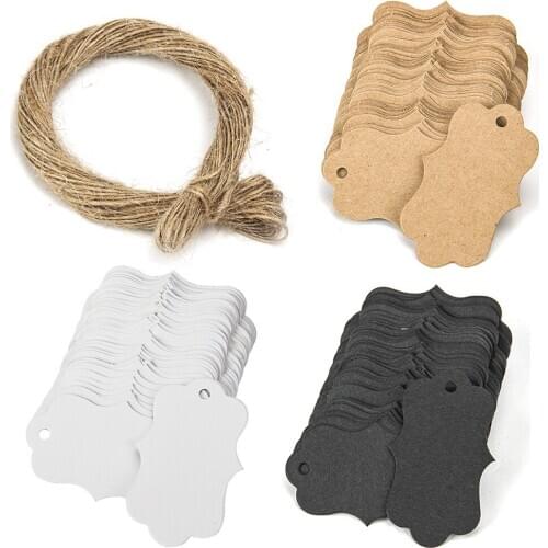 100pcs/lot Kraft Paper Tags with Hemp Rope Price Labels Clothes Hanging Cards White/Black/Brown Blank Note Packing Gift Decor