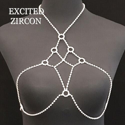 Womens Fashion Luxury New Large Circle Bra Body Chain Sexy Rhinestone Crystal Bling Bikini Valentines Day Gift Jewelry