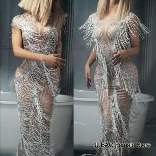 Spandex Long Dress tight tassel diamond nude See through sexy Birthday dance wear costume rave festival women party night club