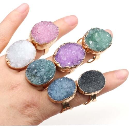 Natural Druzy Agates Rings Diamon-Studded Open Finger Rings Irregular Charm Rings for Women Men Party Wedding Jewelry