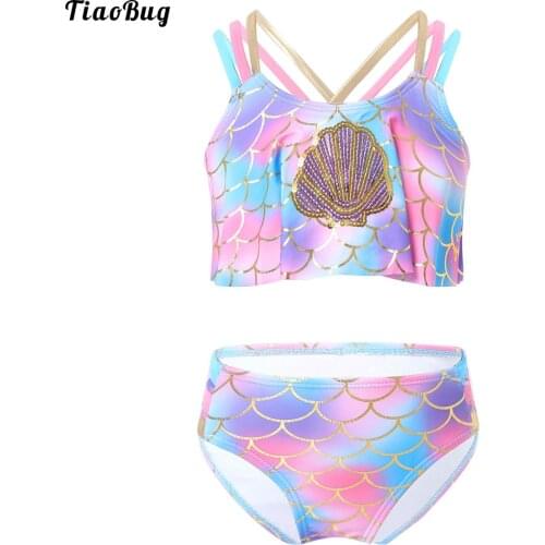 TiaoBug Summer Kids Girls 2Pcs Pink Bikini Set Sequin Mermaid Swimsuit Suit Colorful Fish Scales Print And Embroidery Swimwear