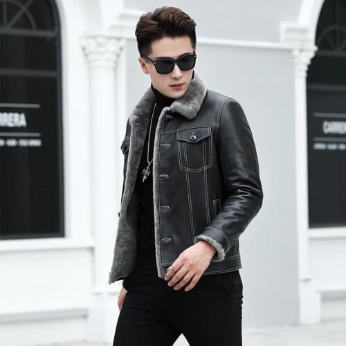 Mens Winter Genuine Leather Jacket Real Lamb Fur Sheepskin Coat for Men Short Thick Male Wool Casual Jackets KJ848