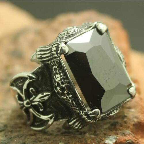 Size 7 to size 14 Mens Boys 316L Stainless Steel Cool Big Dragon Claw Stone Ring