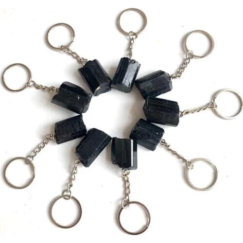 Natural Stone Black tourmaline Keychains Raw black Crystal Quartz Stone Dangle Car Clasps Chains Key Rings