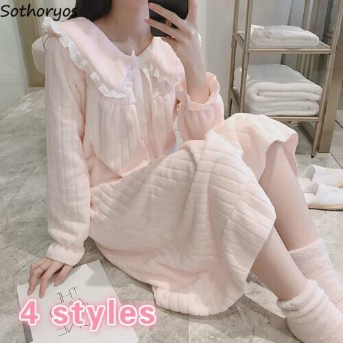 Nightgowns Women Sweet Pink Lace Bow Knot Flannel Velvet Warm Thick Soft Loose Casual Friends Simple Females Sleepshirt Coral