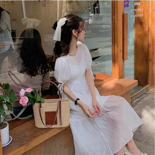 2021 New French Tea Break First Love Kawaii Gentle Waist Long Skirt Chiffon Bubble Sleeve Elegant Dress Childrens Summer