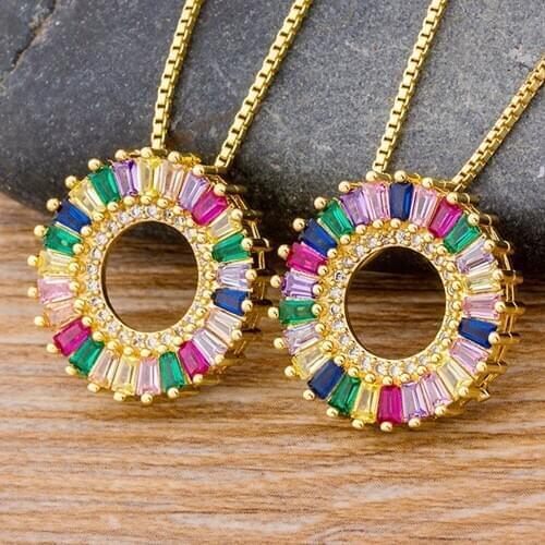 New Style Bohemian Round Rainbow CZ Zircon Gold Color Chain Pendant Necklace Copper Charm Crystal Jewelry Gifts For Women Girls