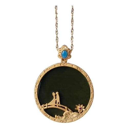 S925 sterling silver gold plated Natural Mexican blue amber Chain set Retro Lotus Couple Peace buckle Pendant