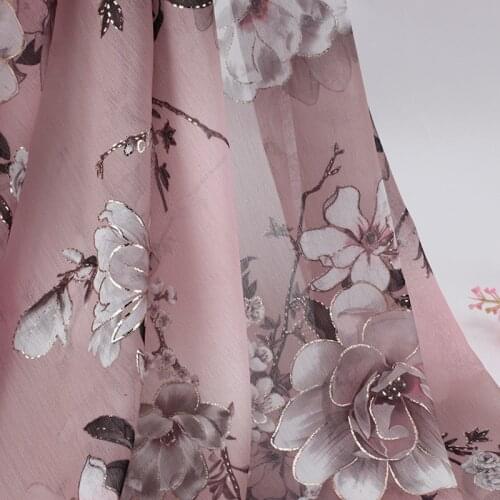 Pink Floral Chiffon Fabric By The Meter, Bronzing Metallic Flower Pattern Print Apparel Designer Fabric For Dresses