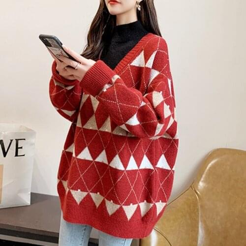 Fake Two Turtleneck Sweater Women 2021 Autumn Winter Retro Schoolgirls Knitted Pullover Diamond Lattice Loose Jersey Mujer