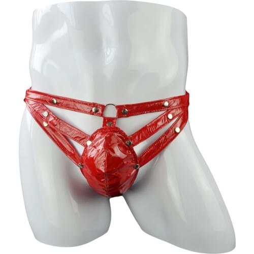 Men Underwear Sexy Artificial Leather Briefs Male New Hollow Low Waist Backless Thong Underpant Brief Clubwear Pouch Intimates