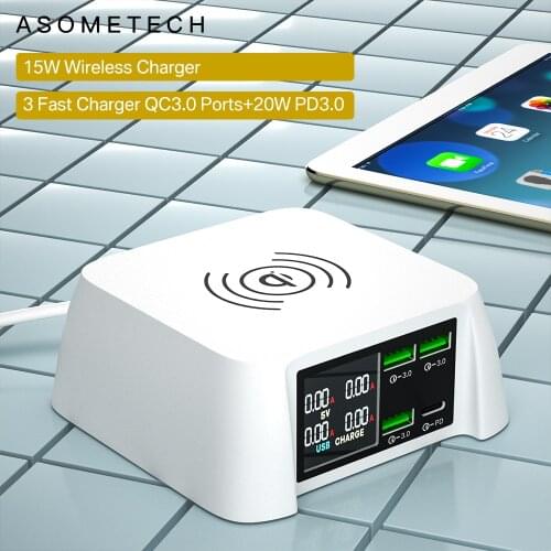 100W Multi USB Charger QC 3.0 20W PD3.0 USB C Quick Charge LCD Fast Qi Wireless Charger Station for iPhone 12 Samsung Huawei