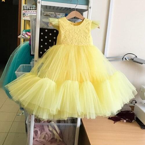 Yellow Puffy Girls Dresses Kids Clothes O-neck Ball Gown Tea Length Toddler Girl Children costume