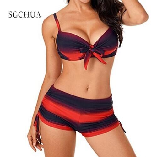 2020 Women“s Suit Swimwear Blank And Red Halter Set Bottom High Waist Drawsting Pus Up Bikini With Shorts Two Pieces Swimsuit