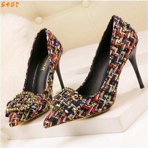 2021 Mixed Colors Woolen Women Pumps Elegant Crystal Metal Buckle Womens High Heel Shoes Autumn Pointed Stiletto Ladies Shoes