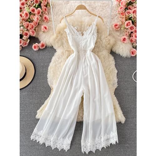 Summer Women Lace Chiffon Romper White Sexy V-Neck Sleeveless Wide Leg Hollow Out Spaghetti Strap Party Beach Jumpsuits Female