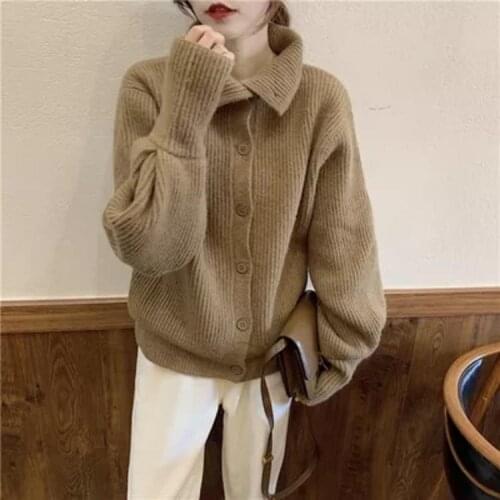 2021 Winter Turtleneck Womens Sweater Fashion Korean Style Knitted Cardigan Solid Khaki Black Grey Pullovers Loose Outerwear
