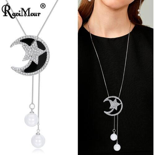 RAVIMOUR Big Black Moon Star Kolye Pendants Necklaces Fashion Jewelry Rhinestone Pearl Statement Sweater Long Necklace for Women
