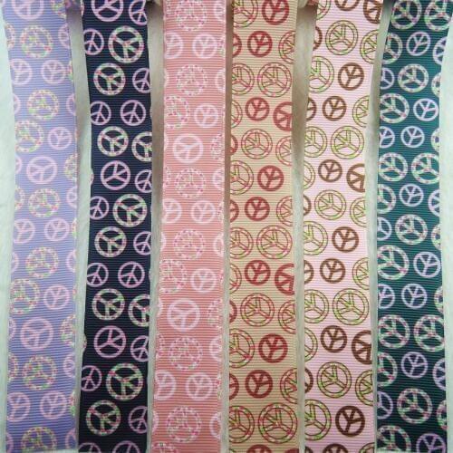 1'' (25mm) Mixed color Peace Symbol Printed Grosgrain Ribbon 100% Polyester Fita Ruban Hair Accessories DIY Tape Ribbons YM10