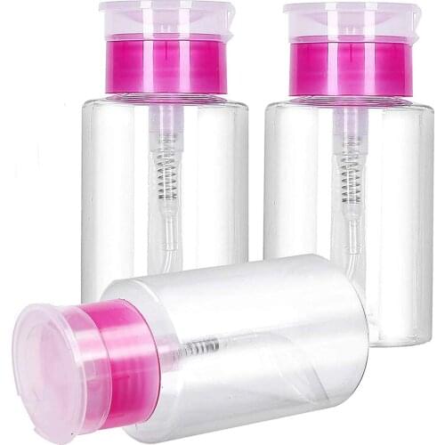 3 Pack Push Down Dispenser, Nail Polish Remover Empty Bottle, Container for Makeup Liquid Remover, 180ml, Pink Top Cap