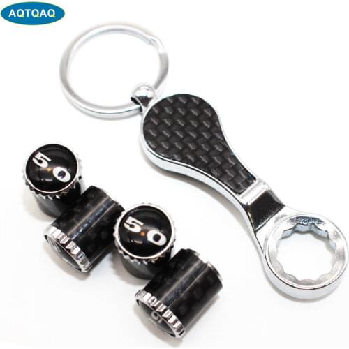 5Pcs/Set 5.0 Flag Style Emblem Auto Car Wheel Tire Air Valve Caps With Wrench Keychain Carbon Fiber + Copper Stem Dust Cover Acc