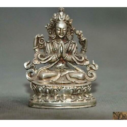 50mm Tibetan Buddhism temple silver 4 Arms Chenrezig tara Kwan-Yin Buddha statue