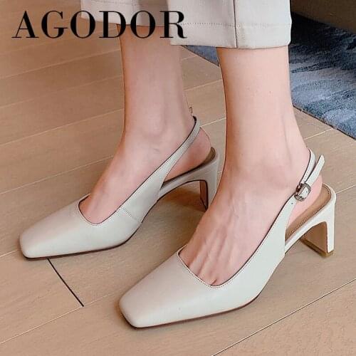 AGODOR Genuine Leather Square Toe Slingbacks Shoes Women High Heels Chunky Heel Dress Pumps Buckle Strap Ladies Footwear Size 40
