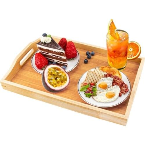 Household Bamboo Serving Tray with Handles Rectangular Wooden Coffee Tea Breakfast Plate Organizer Holder for Kitchen