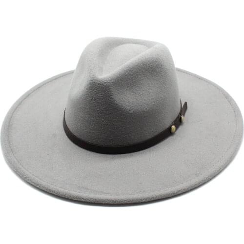 Women Belt Wool Felt Jazz Fedora Hats 9.5CM Wide Brim Elegant Men Women Panama Trilby Cap wholesale