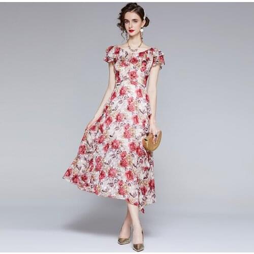 JSXDHK High Quality Summer Ruffles Chiffon Boho Dress Desinger Women V Neck Flower Printed Holiday Beach Long Dress Vestidos
