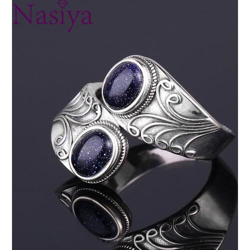 Nasiya New Design Punk Hiphop Ring With Two Blue Sandstone Women 925 Sterling Silver Jewelry Party Birthday Gift