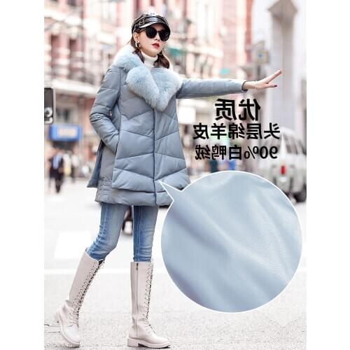 Genuine leather, for women, winter 100%, sheepskin, coat, fox fur collar, long luxury leather down jacket