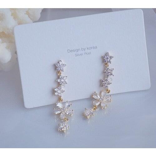 Korean hot selling fashion jewelry 14K real gold plated copper inlaid CZ zircon earrings elegant long flower women earrings