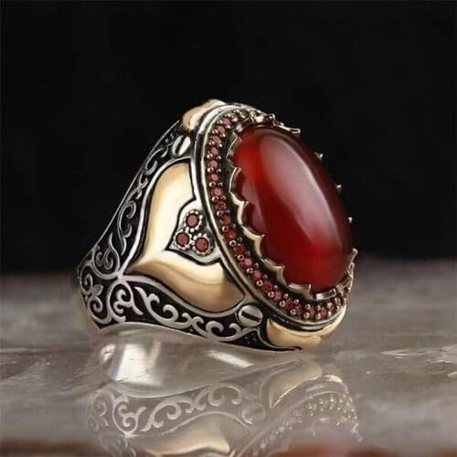 Turkey Mens Ring Jewelry Red Natural Agate Stone Zircon Crystal Vintage King Crown CZ Enamel Male Rings Accessories