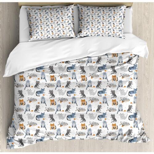Doodle Duvet Cover Set Repeating Pattern with Sketchy Kittens 3 Piece Bedding Set Blue Grey Persian Orange Taupe Grey Charcoal