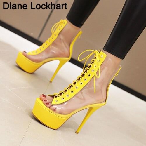 Sexy Women 13.5 CM Super High heels Zip Lace-up Ankle Boots Fish mouth PVC Transparent Model Pole Dancing Performance Boots Punk