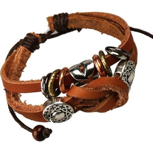 Casual Knot Design Charm Bangles Leather Beaded Bracelets Man Woman Adjustable Wristband Braided Retro Genuine Leather Bangle