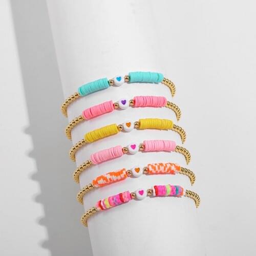 Multicolor Soft Pottery Clay Cute Heart Handmade Bracelets for Women Gold Color Beaded Bracelets Boho Femme Party Jewelry