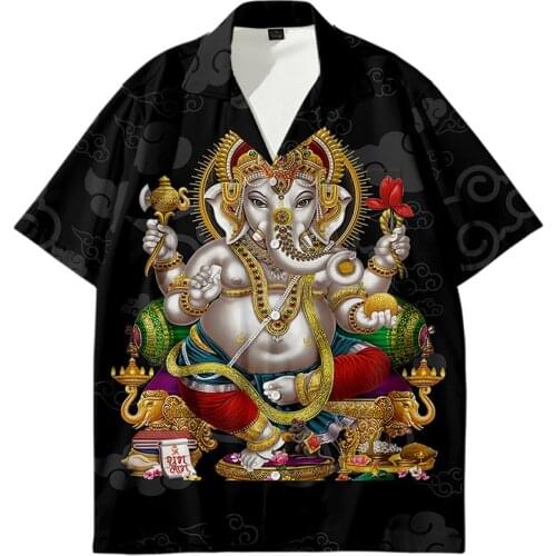 Chinese Style Men Short Sleeve Shirt Kimono Top Retro Ethnic Style Elephant Pattern Printing Clothing Plus Size Men Black Shirt