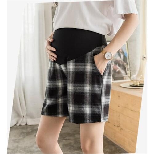 Maternity Nursing Pants Plaid High Waist Short For Pregnancy Women Summer Cotton Belly Trousers Maternity Clothing Outfit T0040