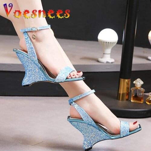 Strange Style Wedges Sandals Summer New Polarized Bling Peep Toe One Word Women Shoes Sexy Nightclub Party High Heels 7CM/10CM