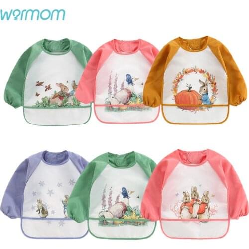 Warmom Cute Cartoon Baby Bibs Waterproof Infant Eating Bib Pocket Children Drawing Long Sleeve Apron Kids Burp Cloth Baby Stuff