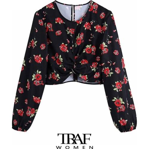 TRAF Za Women Fashion Hollow Out Floral Print Crop Blouses Vintage Long Sleeve Side Zipper Female Shirts Chic Tops